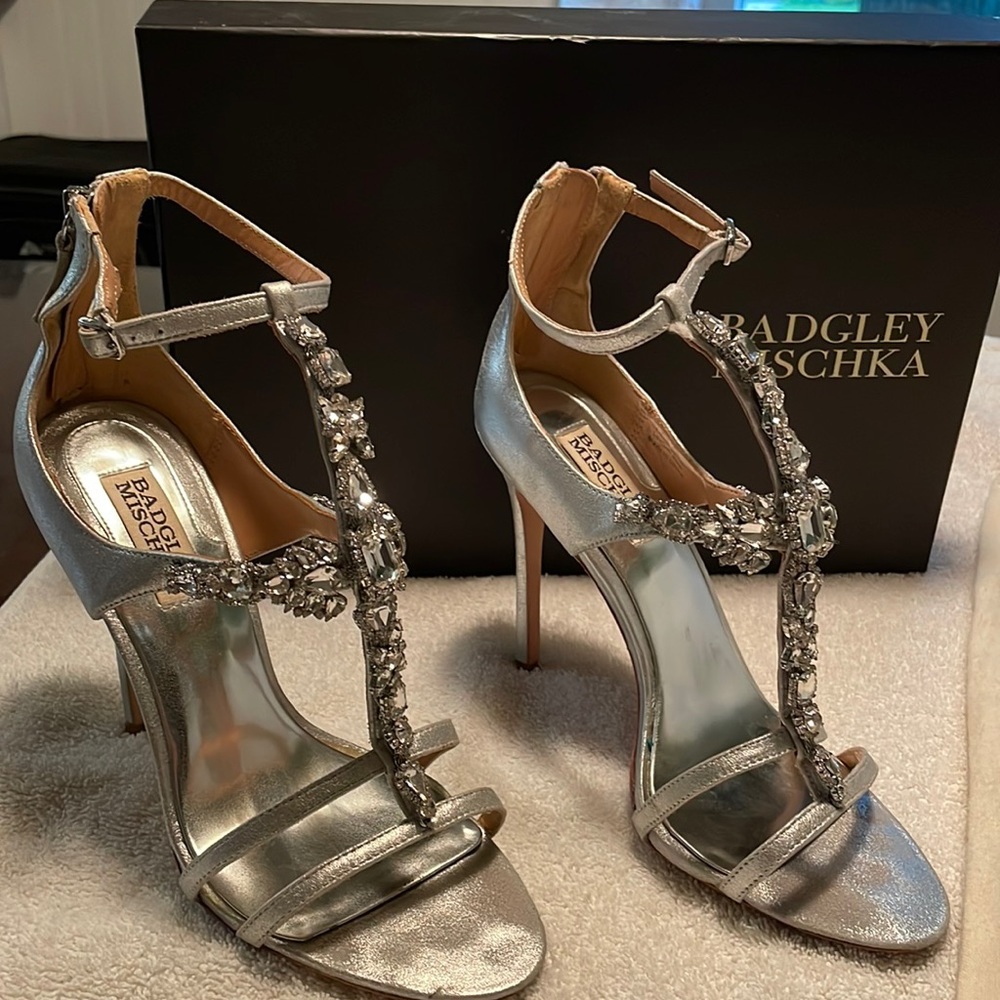 Badgley Mischka silver and crystal shoe. original box & duster. Pd. 375.00.